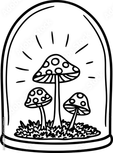 Magic spotted mushrooms under glass dome enclosed botanical illustration, whimsical fungi trio in line art