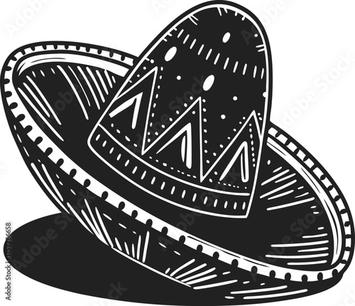 Traditional mexican sombrero hat illustration in black and white ethnic culture, fiesta celebration, and folk costume concept