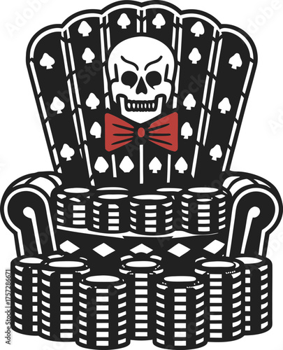 Grim reaper skull sitting on throne of poker chips gambling, risk, luck, death and casino game danger illustration