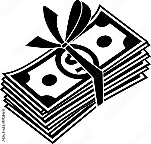Bundle of cash tied with ribbon monochrome stack of paper money for wealth, finance, savings, prize or gift concept