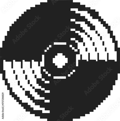 Retro pixel art vinyl record black and white classic music disk in 8 bit style, nostalgic audio media illustration