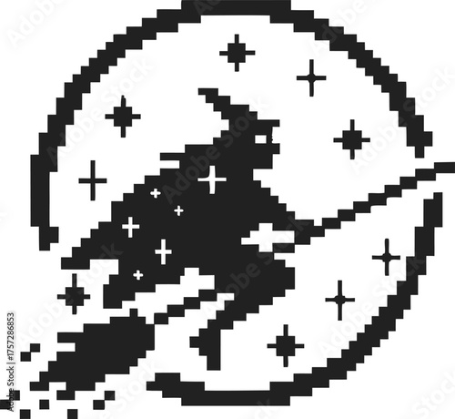 Pixel art witch flying on broomstick at night with full moon and stars retro halloween magic fantasy illustration