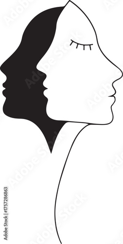 Minimalist Two Faces Profile Vector Illustration Black White Woman Silhouette Abstract Psychology Graphic line Art