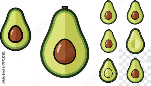 Various illustrations of green avocados showing whole halves and cross-sections with large central pits on a white background.