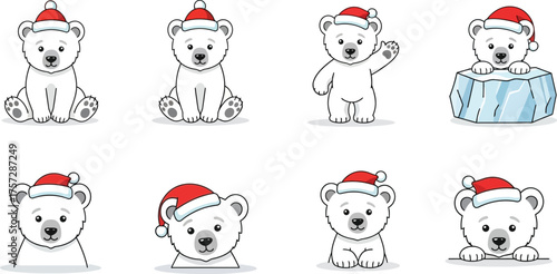 Collection of eight cartoon polar bear cubs wearing red Santa hats in various poses against a white background.