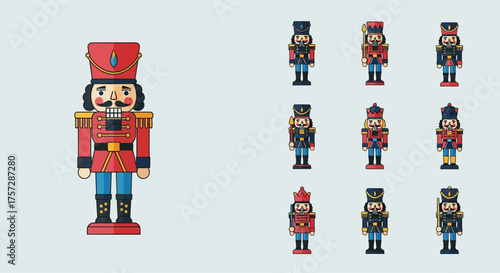 A large detailed illustration of a red uniformed toy soldier nutcracker stands beside several smaller variations of the wooden figure.