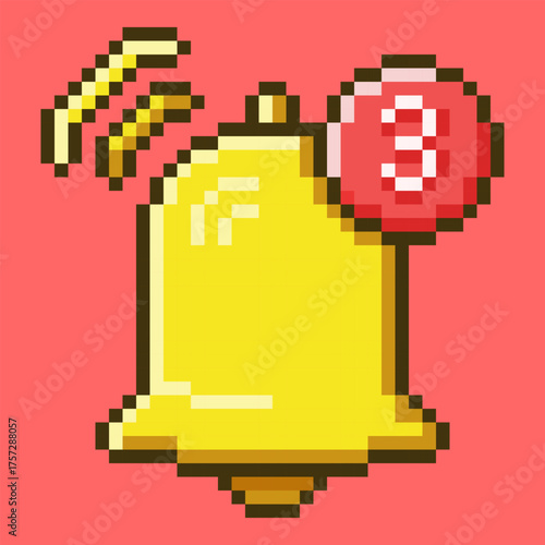 A pixel art icon of a ringing golden bell with a red counter bubble showing new notifications, designed in a classic 8-bit retro style. Perfect to indicate new messages, alerts or updates