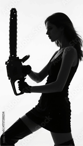 Black and white silhouette of a woman with a chainsaw. Vector graphics. EPS.