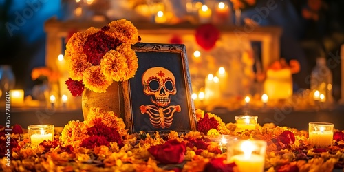 Dia de los Muertos ofrenda, candles.