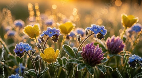 Floral meadow at sunrise with wildflowers covered in morning dew creating bokeh effect