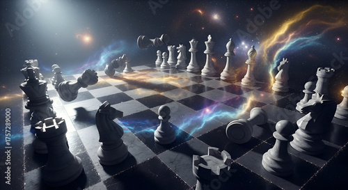 Dynamic chess game with pieces floating in a cosmic nebula, symbolizing strategy, competition, and innovative thinking against a starry backdrop