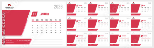 Modern desk calendar layout for 2026. 2026 monthly calendar template for company.