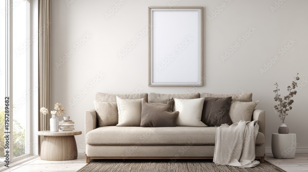 Fototapeta premium interior design of modern living room with beige fabric sofa and cushions. White wall with frame and space for text, living, furniture