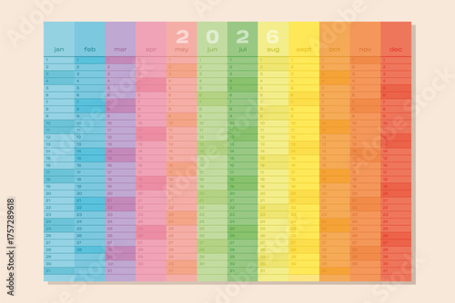 Rainbow Year Planner 2026: Colorful and clean vector template for desk or wall. Ideal for digital and print use. Week starts Monday