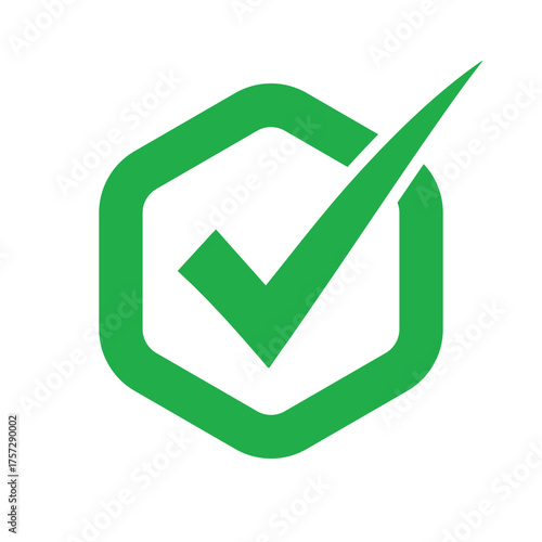 Solid green check mark inside an outlined hexagon icon. Represents verification, success, approval, completion, and guarantee. Clean, modern vector graphic for apps/UI.
