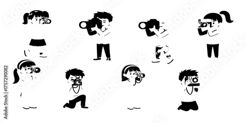 Children with photo cameras taking picture flat vector illustration isolated.
