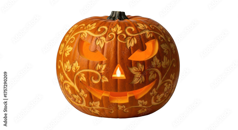 Obraz premium Carved halloween pumpkin with intricate vine pattern isolated on transparent background