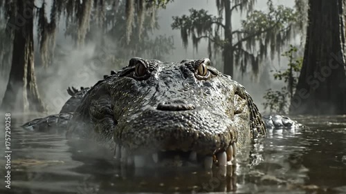 Large alligator emerges from murky water in a swamp environment