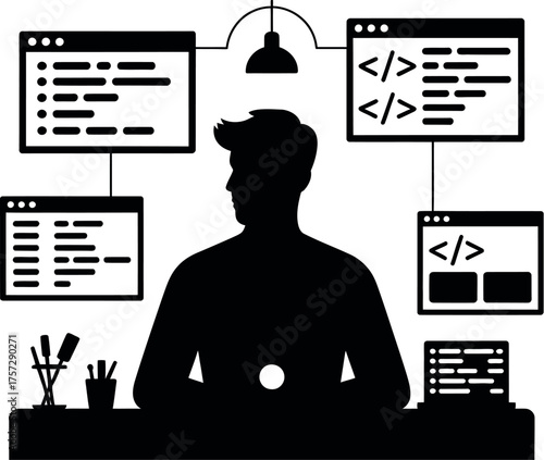 Black silhouette developer coding at desk computer screens