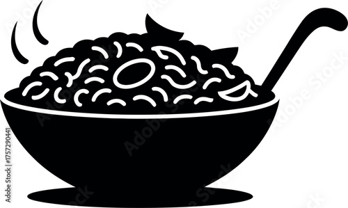 Black silhouette of biryani in bowl with ladle food