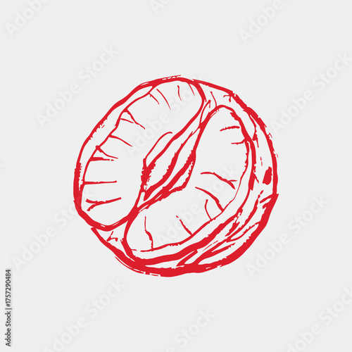 Hand drawn half of tangerine. Winter citrus fruit, Christmas symbol. Vector sketch illustration in vintage crayon textured style.