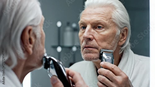 Un anciano con pelo blanco y ojos azules intensos rostro limpio afeitándose con una afeitadora eléctrica mientras se mira en el espejo