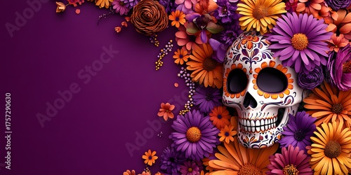 Dia de los Muertos skull, flowers.