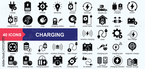 Charging icon set. Containing battery, energy, electricity, charger, recharge, electric car, charged, power