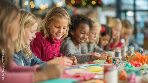Children Making Holiday Crafts Together in Classroom