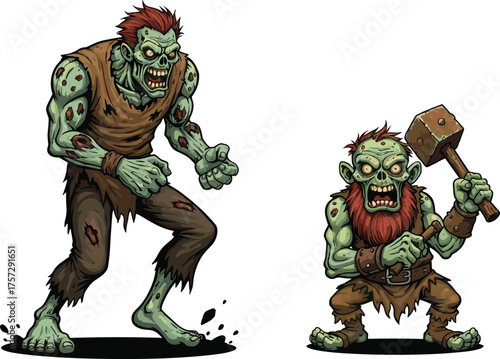 Green goblin, cartoon troll, fantasy monster, battle-ready creatures, aggressive stance, spiked mallet, sharp teeth, pointed ears, vector art, character design