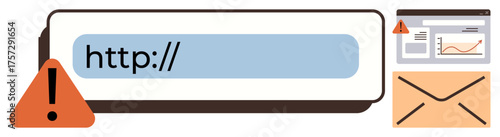 URL text field with warning icon, email icon, and analytics page on a browser. Ideal for cybersecurity, web safety, phishing, online risk, information security data privacy technical issues. Simple