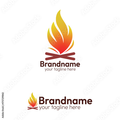 Campfire Logo Design Vector Template Featuring Flaming Fire on Wooden Logs in Orange and Yellow Gradient for Adventure, Energy, or Cooking Brands