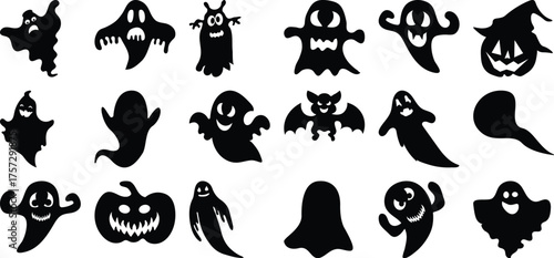 A Collection of Spooky Halloween Silhouettes: Ghosts, Bats, and Pumpkins