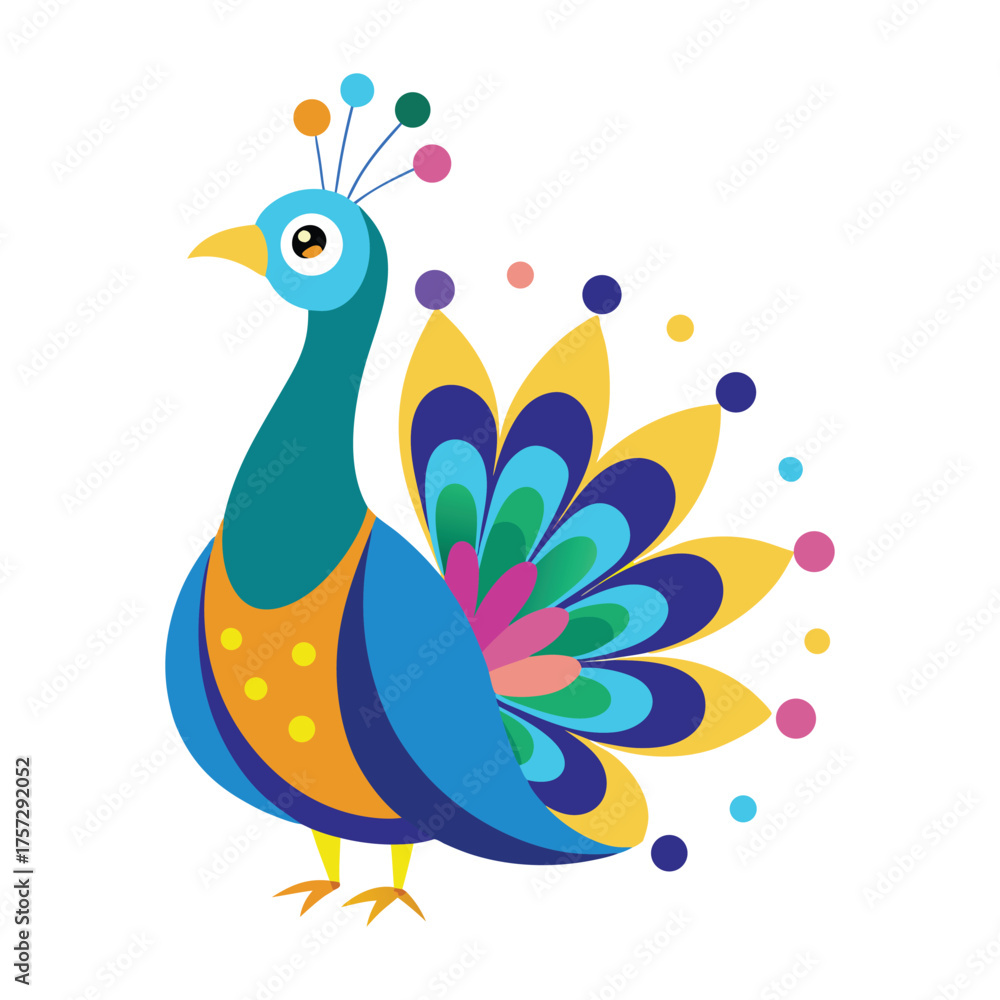 Fototapeta premium Whimsical cartoon peacock with vibrant colorful feathers and playful dots on a clean white background