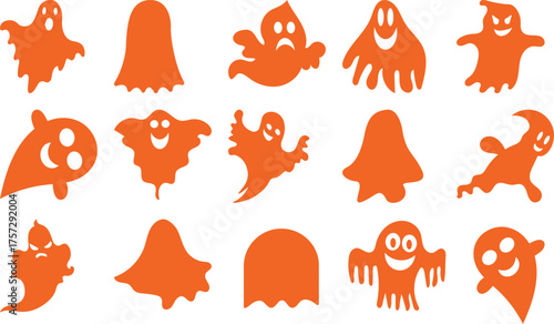 Collection of 15 Orange Halloween Ghost Silhouettes with Various Expressions