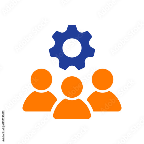 People group icon with gears for teamwork. Solid vector icon.