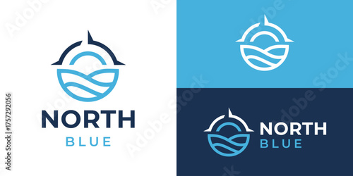 Creative simple north blue logo template. Compass with ocean wave sea logo design vector illustration.