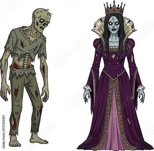 Zombie character, undead queen, cartoon horror, fantasy monsters, decayed skin, royal gown, exposed ribs, Halloween theme, vector art, character design