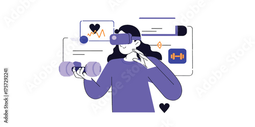 Virtual Reality Fitness Woman Exercising with VR Headset and Dumbbells
