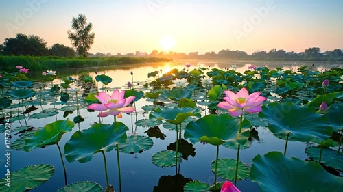 Lotus flowers bloom on a calm lake with sunrise background