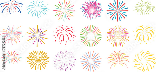 Collection of Colorful and Diverse Fireworks Illustrations on White Background