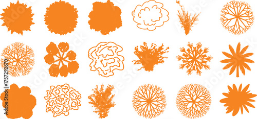 Collection of Orange Top-View Tree Silhouettes and Icons