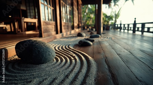Zen Pebble Garden On Weathered Wooden Deck By The Sea At Sunset