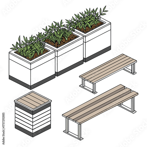 Isometric outdoor furniture set including planters and benches vector illustration for landscape design and architectural visualization