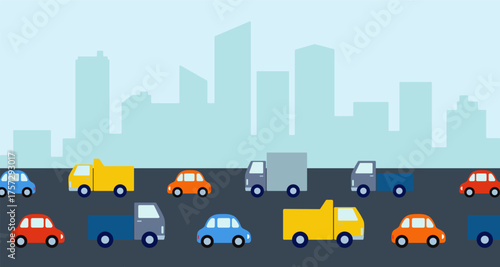 Cars drive along a city road against the silhouette of houses. Vector illustration, colored background in a flat style.
