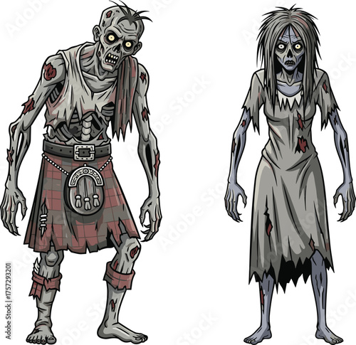 Zombie couple, cartoon undead, horror characters, decaying skin, tattered clothing, scary expressions, Halloween theme, vector art, spooky duo, character design