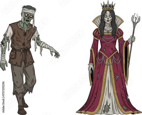 Zombie character, undead queen, cartoon horror, fantasy monsters, regal gown, glowing eyes, magical staff, Halloween theme, vector art, character design