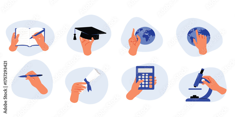 Fototapeta premium Set of vector icons with hands representing education, science, and learning concepts