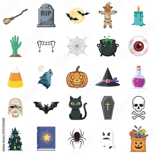 Flat Halloween Icon Collection Set with Spooky and Cute Elements