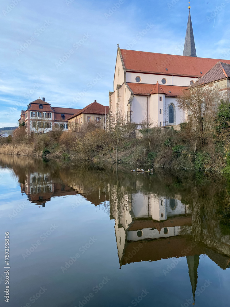 Obraz premium Inspired by Light – Hammelburg Perspectives: The St. John's church “Täuferkirche” and the Red Castle “Rotes Schloss” seen from the far end of the “Entenweiher” in early spring evening light